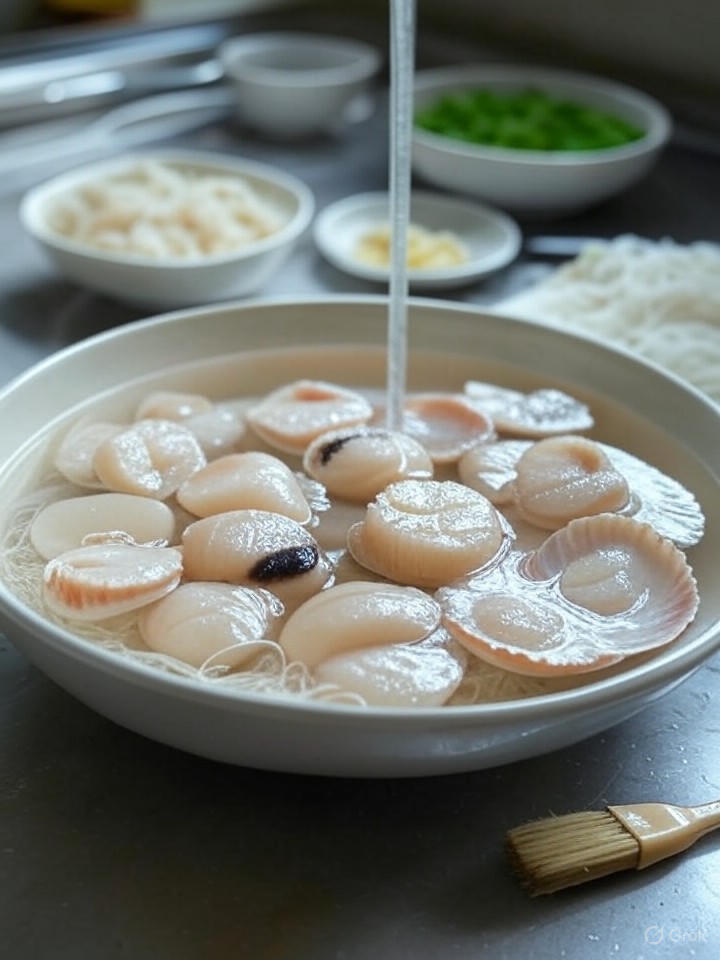 清洗扇貝步驟圖，浸泡扇貝10分鐘，刷洗外殼，去除沙粒，取出扇貝肉，清洗乾淨，蒜蓉粉絲蒸扇貝關鍵。