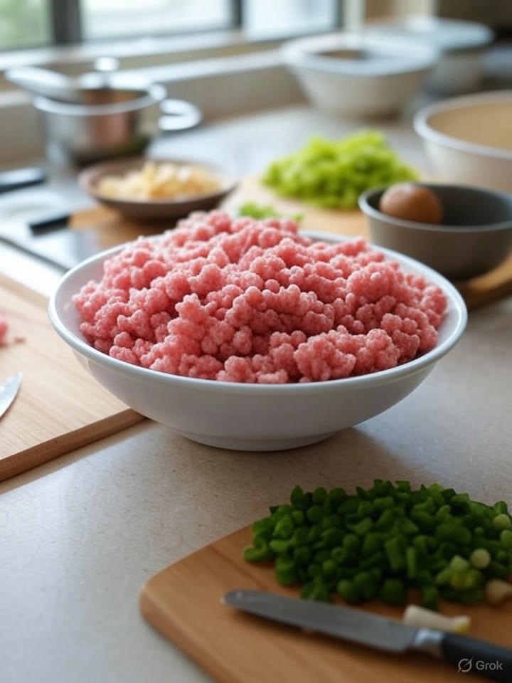 準備肉餅蒸蛋材料，將豬肉碎、蔥花、薑末備好，加入大碗拌勻，確保衛生，家傭與菲傭協助。