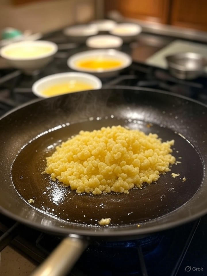 熱鑊加油炒香蒜蓉至金黃，加入蠔油、豉油等煮沸成醬汁，為蒜蓉粉絲蒸扇貝增添風味。