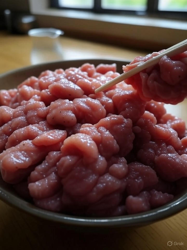 將豬肉碎加入調味料拌勻，醃製10分鐘提升味道，作為家傭或外傭，確保肉質鬆軟，適合肉餅蒸蛋。