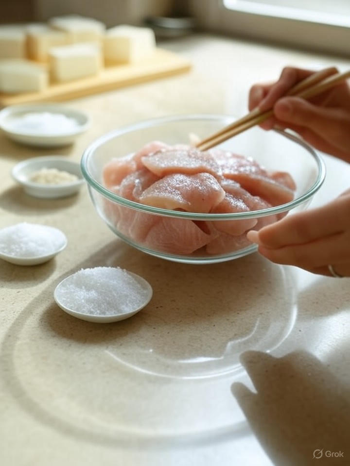 將魚片放入碗中，加入鹽和紹興酒醃製10分鐘，去腥增嫩，同時切豆腐。關鍵詞：魚肉豆腐羹，家傭。