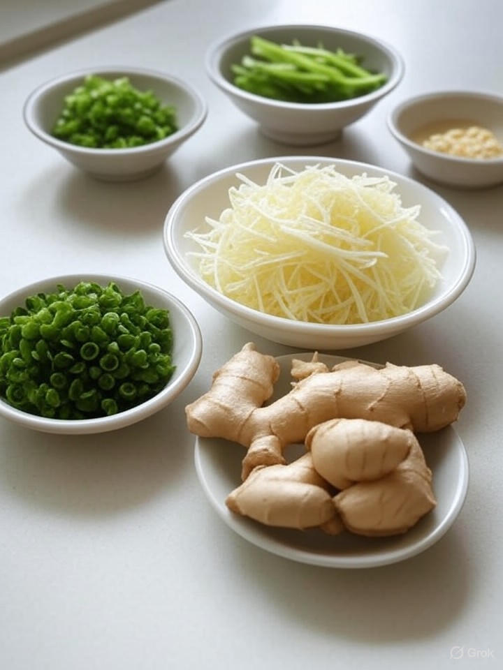 準備清蒸魚片配料：薑絲20克去皮切絲，蔥花15克分份，蒜蓉10克拌水，增香去腥。