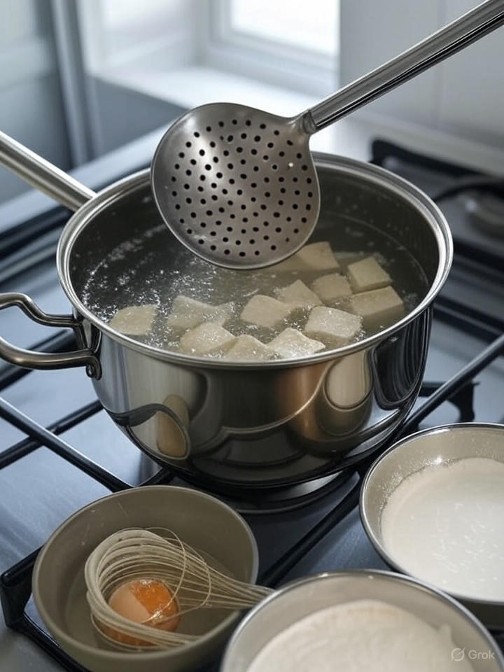 將豆腐塊放入沸水輕燙1分鐘，去腥味，撈乾備用，確保嫩滑，魚肉豆腐羹步驟，家菲技巧。