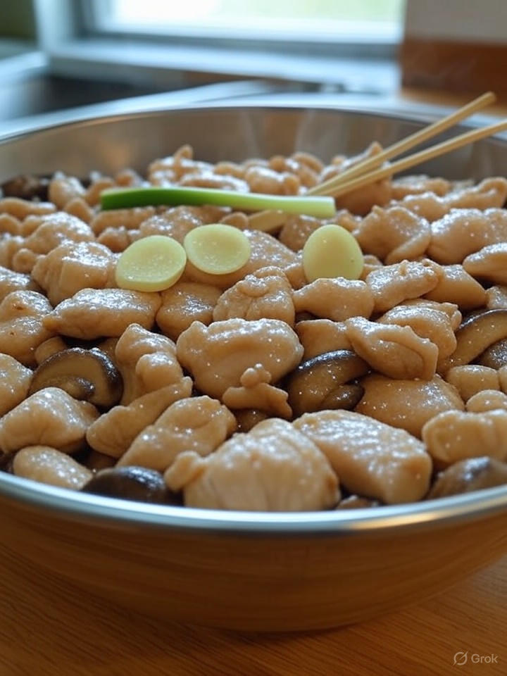 將浸泡好的冬菇加入醃製雞肉中，輕拌均勻，加入薑片蔥段提升香氣，家傭注意勿壓碎冬菇。