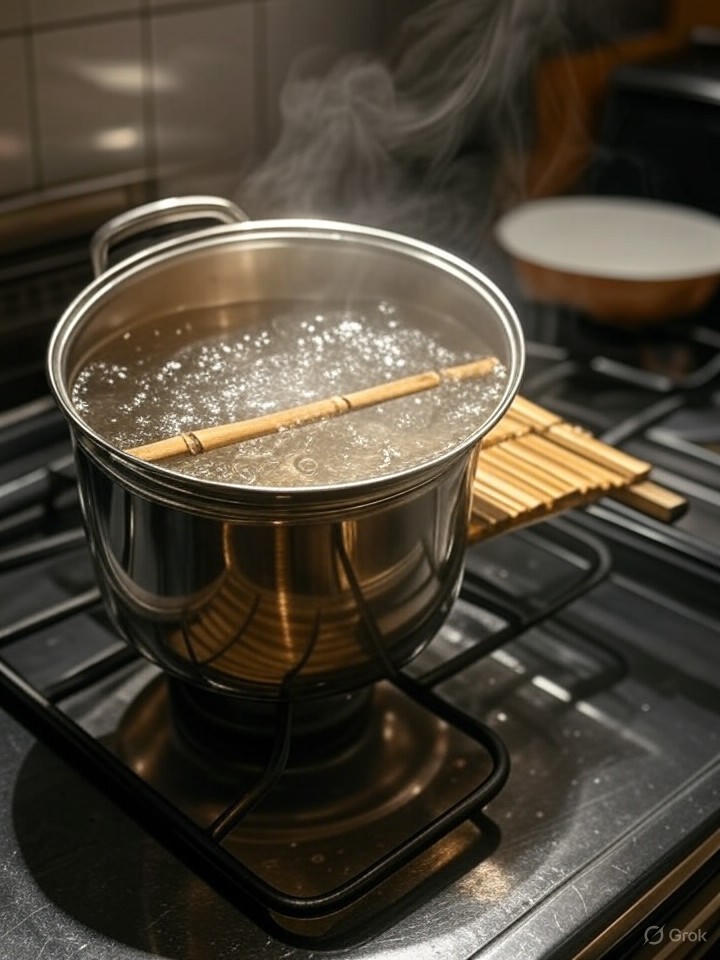 準備蒸鍋，加入清水至一半水位，中火加熱至沸騰，產生蒸汽，適合南瓜蒸排骨健康蒸煮，確保均勻受熱。