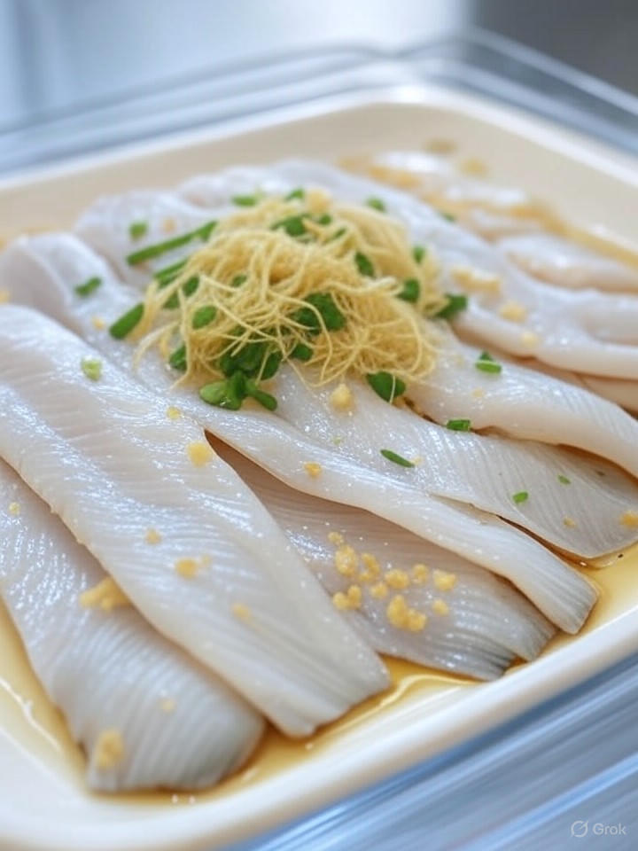 清蒸魚片擺盤步驟：將醃好的魚片平鋪蒸盤，灑上薑絲、蔥花，淋醬汁，確保均勻受熱。