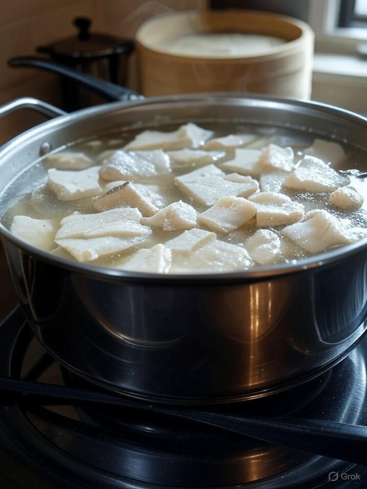 湯沸後放入醃製魚片和豆腐，小火煮3-5分鐘至熟透，避免過度攪拌，保持完整，香港風味，適合家傭或菲傭練習。