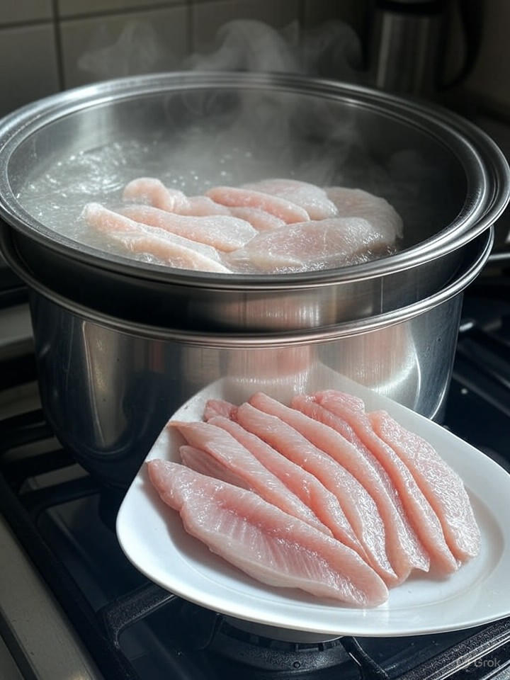 清蒸魚片步驟：將魚片盤放入蒸鍋，中火蒸8-10分鐘，蒸汽充足確保魚肉嫩滑，檢查熟透。