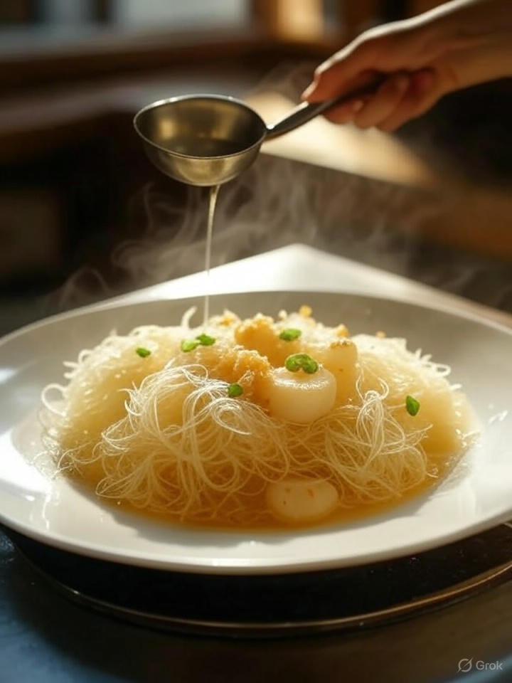 蒸好的蒜蓉粉絲蒸扇貝，熱油淋上發出滋滋聲，灑青蔥裝飾，增添香脆，完美上菜。